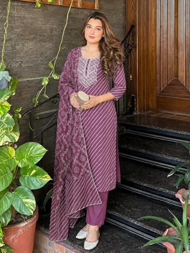 Image of ANNI Designer Women's Cotton Blend Printed Straight Kurta Set with Pant and Dupatta | Ladies Ethnic Three Piece Outfit | Round Neck 3 /4 Sleeve Kurta Pant Dupatta Set for Office College Casual Wear