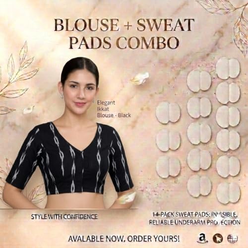 Image of Studio Shringaar Women Cotton Ikat Stretchable (Smocked) Readymade Elbow Length Sleeve Saree Blouse