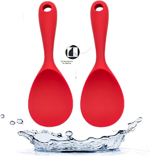 Armrouns Cuchara de silicona para remo de arroz, 2 unidades, antiadherente, resistente al calor, funciona para arroz, puré de papas (rojo casual)