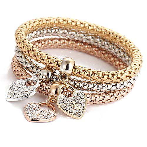 3Pcs/Set Multilayer Stretch Bracelet Butterfly Heart Key Lock Crown Charms Bangles Bracelet Crystal Charms Bracelet Gold/Silver/Rose Gold Corn Chain Multilayer Bracelets For Women Girls - Heart #TOP25