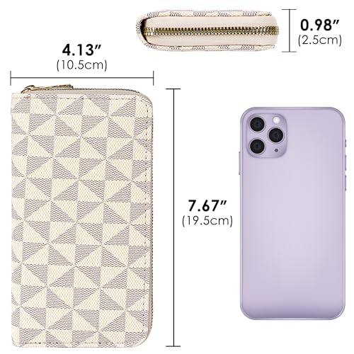 Triangle Print Wallet, Zippered PU Leather Credit Card and Cash Holder, Cellphone Purse, Beige and Gray Plaid2