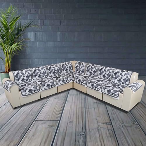 Image of l Shape Sofa Cover 7 Seater | Velvet Quilted Anti-Slip Sofa Cover Protector Covers | Sofa Cover for Living Room | Sofa Slipcovers | 4+3 (L-Shape) Monochrome Mosaic (Grey Symphony)
