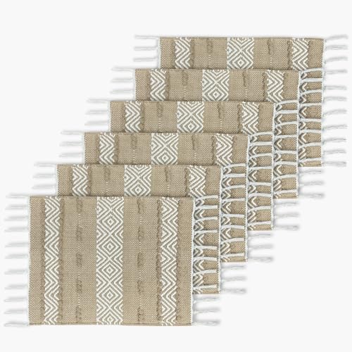 Image of Luxe Home Cotton Table Placemats with Tassels Rectangular Woven Dining Mats Heat Resistant, Washable Table Mats for Dining Table Home, Kitchen & Restaurants (66x33 cm) Set of 6