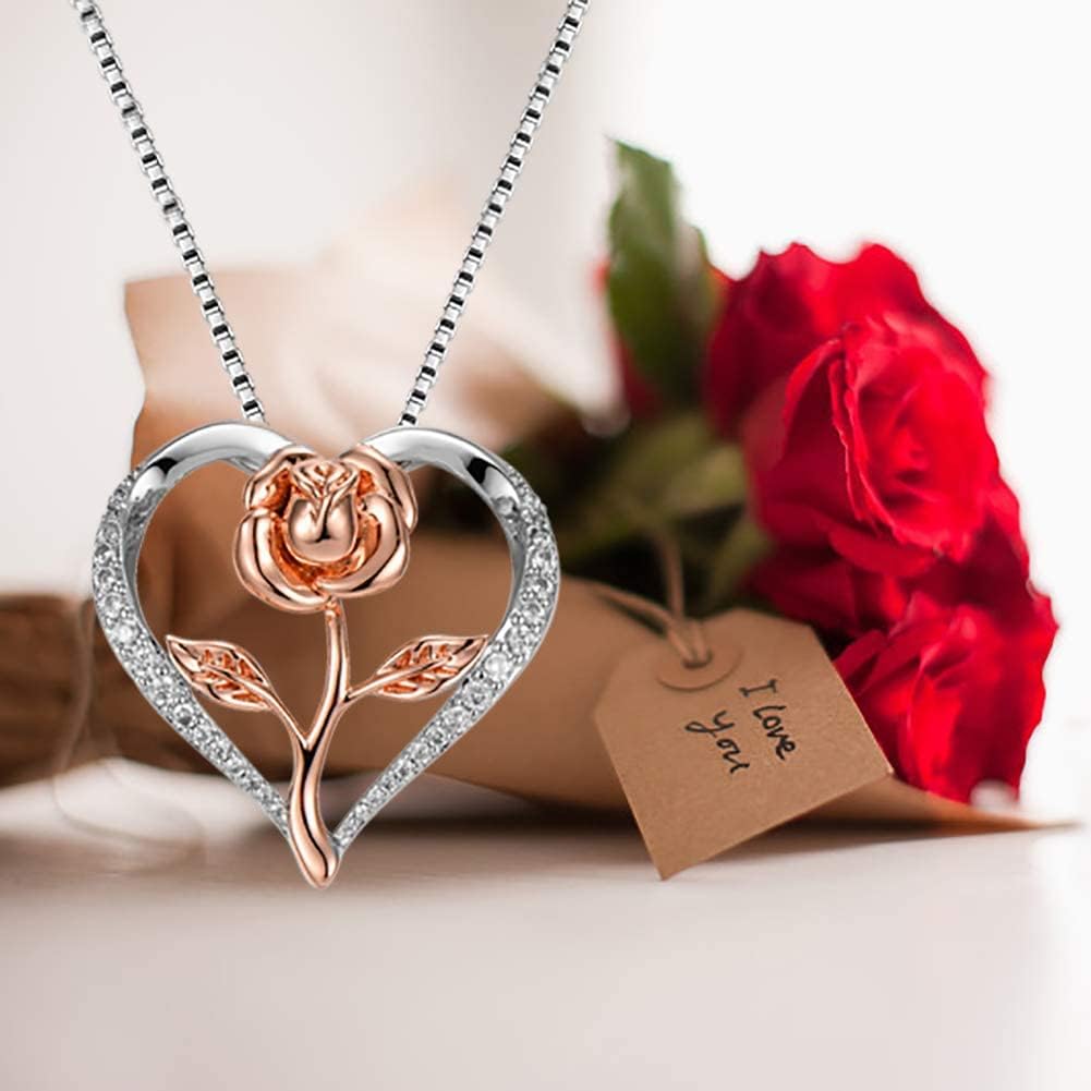 Rose Gold Flower Pendant Necklace with Heart, Silver & Rose. Unique Gift for Mom or Wife, Birthday, Christmas, Mother's Day - Image 3