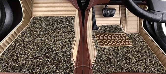 Image of 9D Premium Leatherette Car Foot Mat for Volkswagen Taigun || Luxury Leather with Grass Mat Complete Set || 100% Waterproof and Washable || Custom Fitted Car Floor Tray Mat - (Beige)