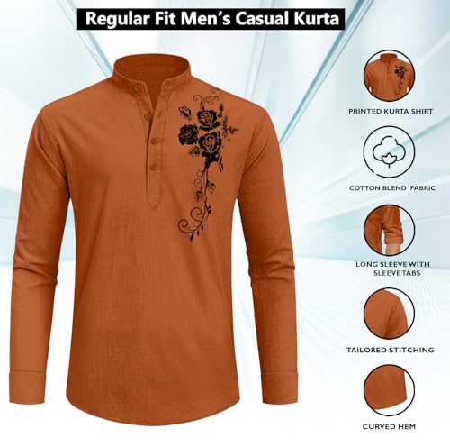 Image of Zombom Men's Cotton Polyester Blend Mandarin Collar Self One Design Printed Full Sleeve Casual Short Kurta