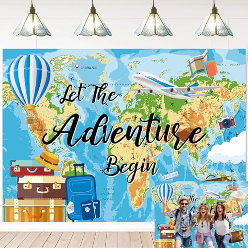 Toile de fond « Adventure Awaits Let The Adventure Begin » pour photographie, remise de diplôme, voyage, fête prénatale, décoration de fête (2,1 x 1,5 m)