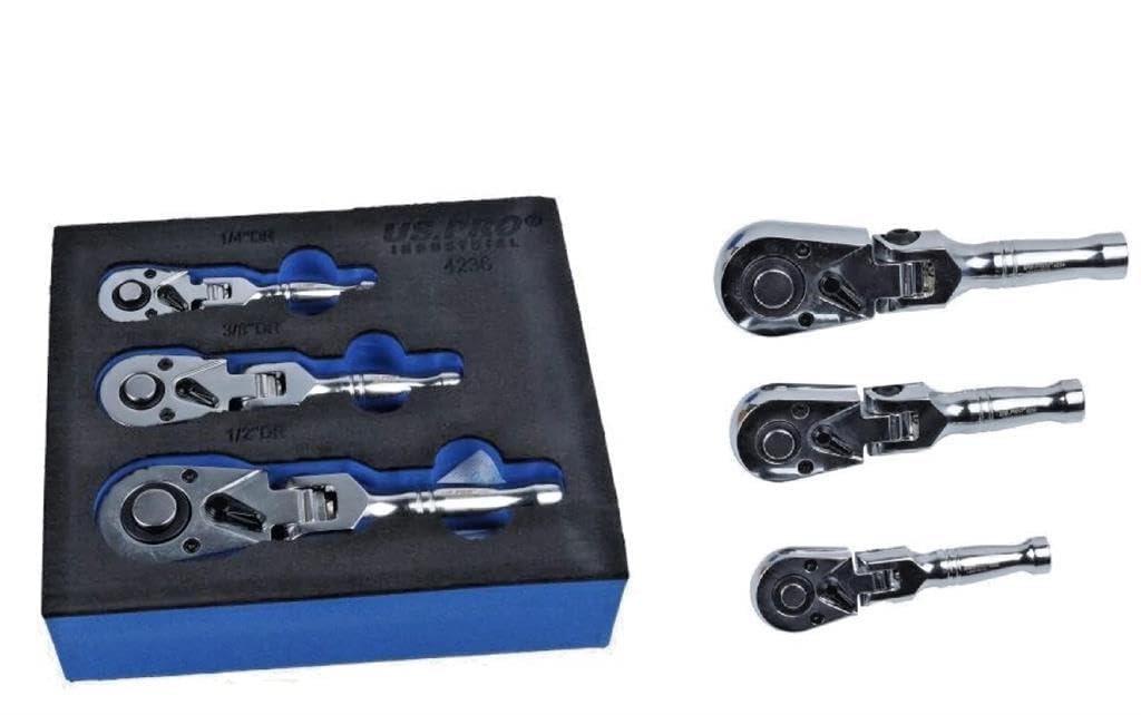 Us Pro Industrial 3Pc Stubby Flexi Head Ratchet Set 1/4" 3/8" 1/2" Drive 4236 5061016611456
