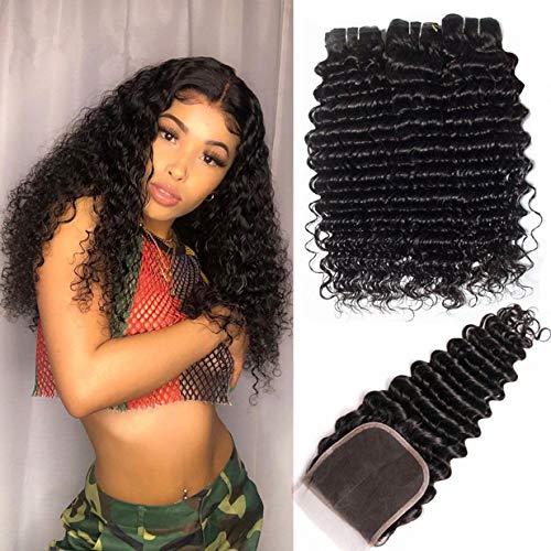 MQYQ 9A Brazilian Deep Wave 3 Bundles with Closure (14 16 18+12) 100% Unprocessed Human Hair Bundles with Lace Closure Free Part Loose Wave Hair Weave Bundles Natural Color