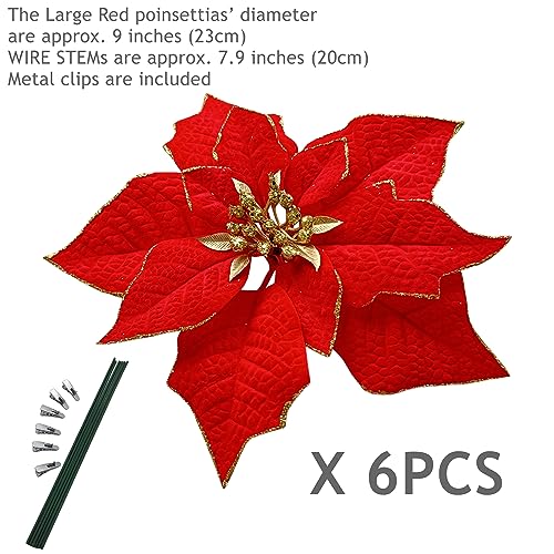 M2cbridge Artificial Christmas Flowers Red Velvet Poinsettia Floral Picks for Christmas Wreath Tree Ornaments(6pcs Large Red) - Image 3