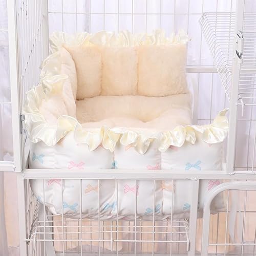 KUMORIJP ペット マット ケージ用 紐付き ペットベッド 落ちない 四隅紐付き ボア あったか 柔らかい かわいい レース装飾 洗える モフモフ ふわふわ クッション キャットタワー ソファ 多機能 犬 猫 小動物 敷く (カラフルリボン柄-ホワイ