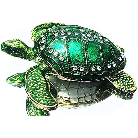 Waltz&F Sea Turtle Crystal Studded Pewter Jewelry Trinket Box Bejeweled Hand-painted Ring Holder Mother`s day Gift Cover