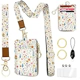 QRZIQRZ Cute Floral ID Badge Holder with Lanyard Wallet, Women Lanyards for ID Badges, RFID Zipper ID Case Card Holder, Adjustable Neck Lanyard Wrist Strap with Keychain for Teacher Doctor Nurse Gift