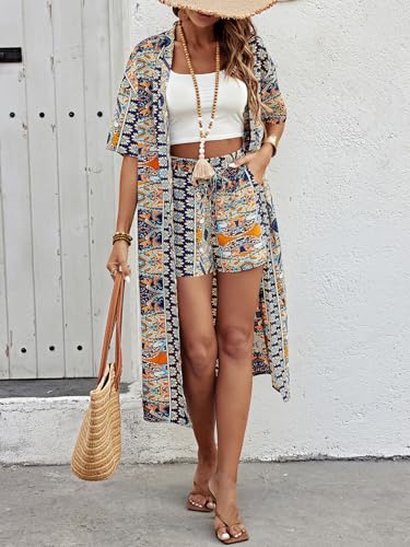 Verdusa Women's 2 Piece Outfits Summer Half Sleeve Tropical Kimono Top and Shorts Set4