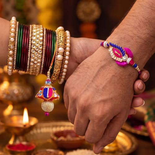 Image of ascension Elegant Bhaiya Bhabhi Couple Rakhi Multicolor Handmade Bracelet Rakhi for Raksha Bandhan with Roli Tilak & You are My Hero Fridge Magnet
