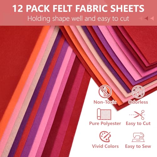 Image of 12 Rolls 8 inchx35 inch Large Stiff Felt Sheets, 1mm Felt Fabric Sheet for Crafts | 12 Assorted Red Pastel Colors Felt Fabric Bundle Pack, Durable Nonwoven Fabric for DIY Sewing, Art, Party & Holiday Ornament
