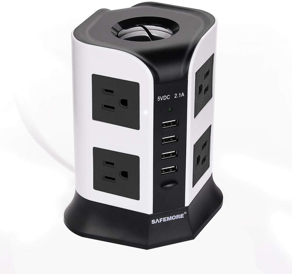 USB Surge Protector Power Strip 8 AC Plug 4 Multi USB Outlets Charging Ports Long Extension Cord 110V Safemore Vertical Socket for USB Lamps (White + Black)