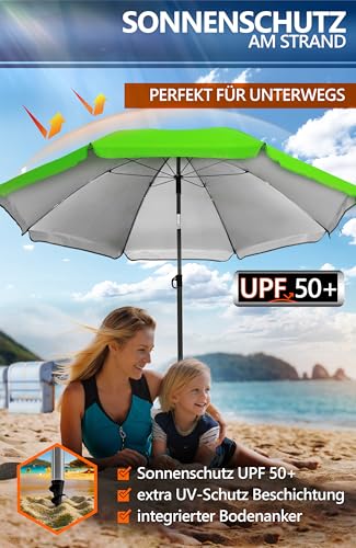 4smile Sonnenschirm Strand 180 cm in Grün - Höhenverstellbarer Strandschirm SunnyJoy UPF 50+ für Sonnenschutz Strand, Strandschirm windfest stabil - Sonnenschirm mit Schutzhülle, Gartenschirm – Bild 5