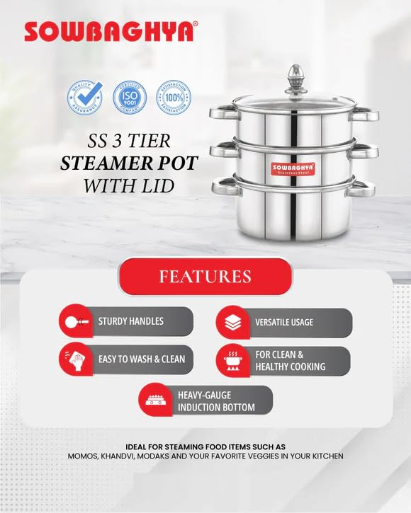 Image of Sowbaghya 3-Tier Stainless Steel Steamer | Idli Maker, Momo & Modak Pot | Induction & Gas Compatible | Heavy Gauge | Glass Lid | Double-Riveted Handles | Multi-Purpose Cookpot