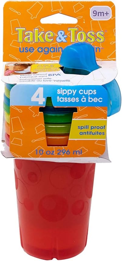 Take & Toss Spill Proof Sippy Cups - Reusable Toddler Cups - Rainbow - Kids Cups and Snap On Lids for Ages 9 Months and Up - 4 Count