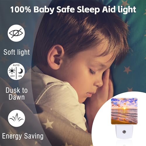 Image of Sunset at Sea Night Light for Kids, Beach and Ocean Waves Night Light Plug in with Dusk to Dawn Sensor, 0.5w Energy Saving Sleep Friendly Nightlight for Hallway Stairway Kitchen Bedroom