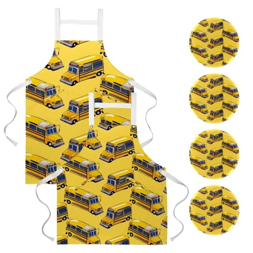 Lot de 2 tabliers de cuisine multicolores avec 4 broches imprimé bus