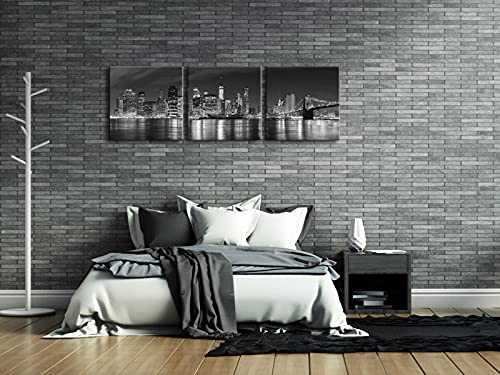 Pyradecor New York City Skyline Night Modern 3 Panel Stretched And Framed Black And White Cityscape Giclee Canvas Prints Pictures Paintings On Wall Art For Living Room Bedroom Home Decorations #TOP2