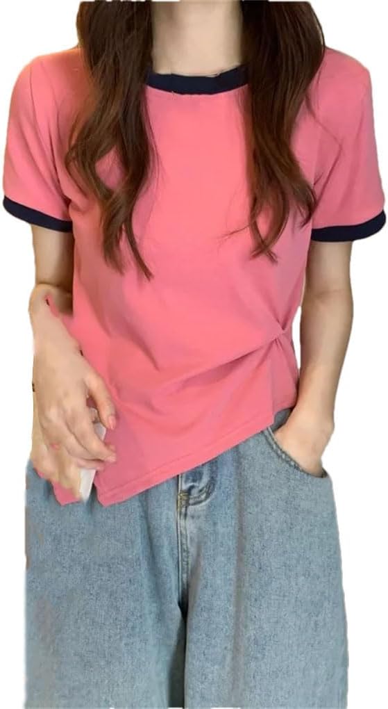 Women's Contrast Colour Round Neck Slim Fit Short Sleeve Top