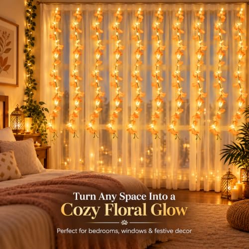 Image of One94Store Peach Artificial Flower Curtain LED String Lights - 200 LED Warm White Fairy Lights, 8 Modes, AC Plug, Orange Flower Lights for Diwali, Balcony, Bedroom, Wedding & Home Decor (10x3 Ft)