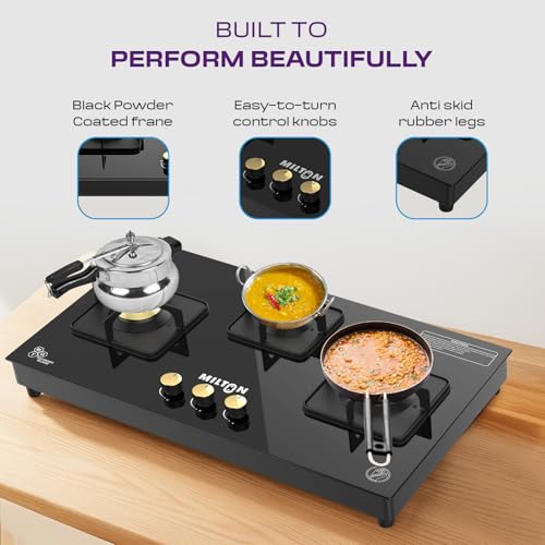 Milton Champion Top Hob Cooktop 3 Burners LPG Gas Stove | Manual Ignition | 8mm Toughened Glass Top | ISI Certified | | 360 Degree Nozzle | Modern... - Image 3