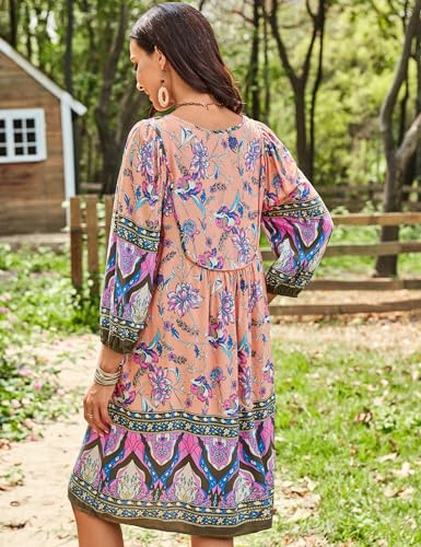 Image of Bluetime Women Casual Summer Dress Boho V Neck 3 /4 Sleeve Babydoll Floral Print Flowy Beach Dress