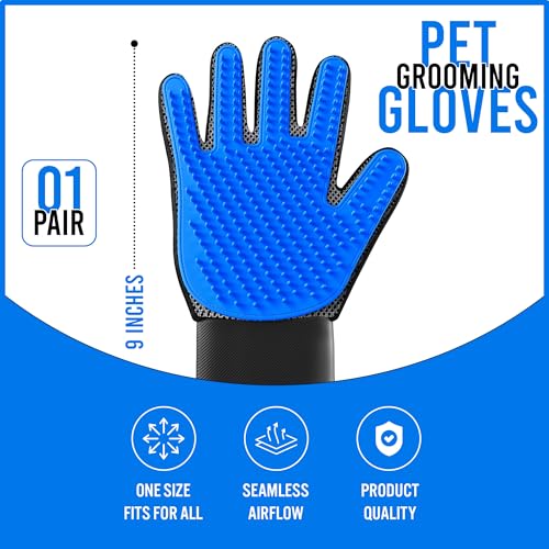 Image of Blue Pet Hair Remover Gloves - 1 Pair, Pet Grooming Gloves | Cat Hair Remover | Gentle Deshedding Brushes for Dogs, Cats & Horses | Dog Washing Gloves