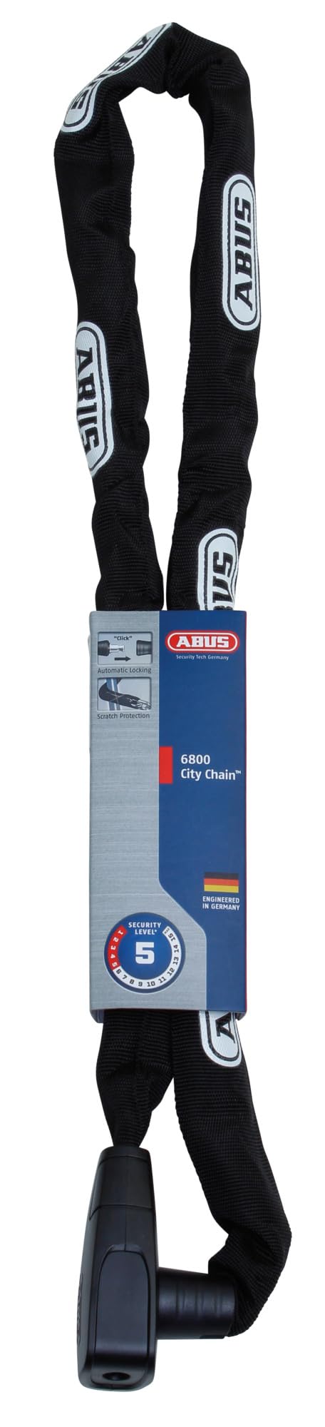 ABUS Lucchetto a catena CityChain 6800 - lucchetto per bicicletta in acciaio temprato - con tubo in tessuto e pratica chiave reversibile - livello di sicurezza 5 | Lucchetto a catena per bici con catena tonda da 6 mm, guaina in tessuto protettiva