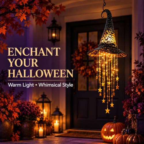 Halloween Witch Hat Hanging Decor Light, Battery Operated Lighted Witch Hat with Warm Glow, Hollow Cutout Design, Cascading Star Tassels and Wind Chime Effect for Indoor Porch Party Home Decorations - image 2
