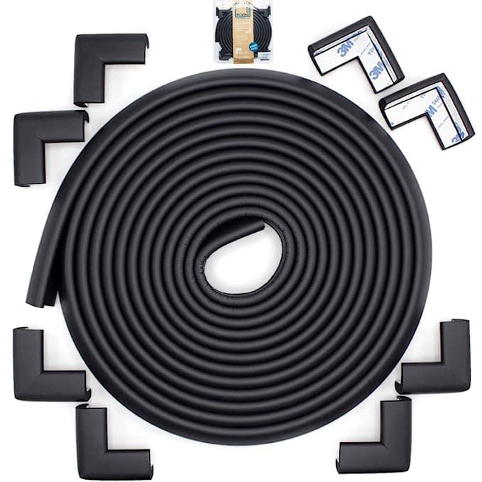 Roving Cove Slim-Fit Corner Edge Protector for Baby Proofing (Small 18ft Edge 8 Corners), Furniture Safety Bumper Guard, Soft NBR Rubber Foam, 3M Adhesive, Onyx Black