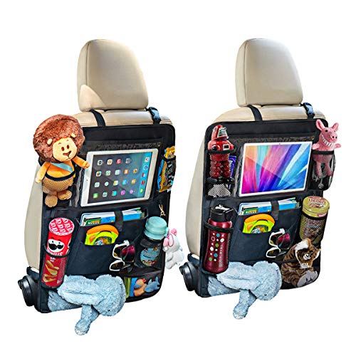 Car Backseat Organizer for Kids Kick Mats Car Seat Organizer Protector Travel Accessories Waterproof and Durable with 10  Touch Screen Tablets Holder and 10 Storage Pockets for Toys Drinks Books 2 Pack