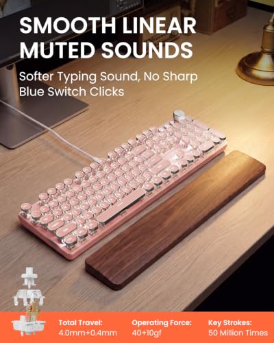 Image of EWEADN Typewriter Style Mechanical Keyboard, Wired Typewriter Keyboards,104 Keys Backlit LED Metal Keyboards, Media Control Knob, Wired Computer Keyboard White Switch for Windows /Mac /PC-Dark Pink