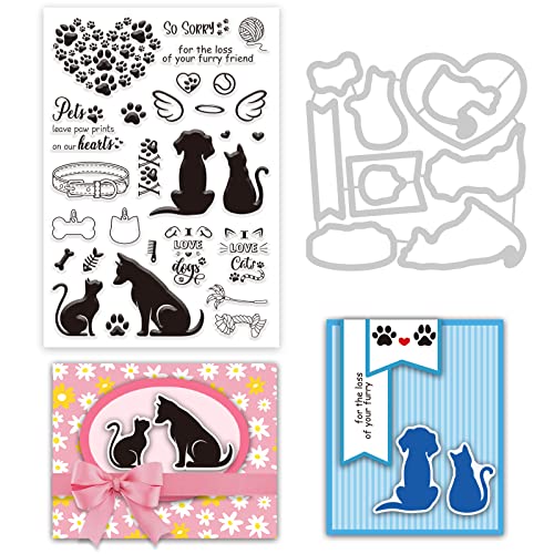 INFUNLY Pet Stamps and Dies for Card Making Cat Dog Clear Stamp and Die Cut Animal Metal Cutting Die Stamp Stencil Paw Print Transparent Seal for DIY Scrapbooking Arts Crafts