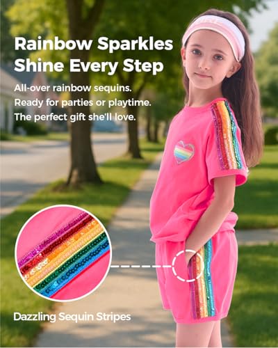 Image of WELAKEN Girls 2 Piece Outfit Kid Toddler Heart & Rainbow Sequin Striped T-shirt and Shorts Clothing Set