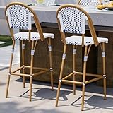 ONBRILL French Bar Stool Set of 2, White Print Finish Patio Bar Stools with Back Rattan Chairs, Wicker Bar Height Stool 29' with Footrest, Kitchen Stools Outdoor Barstool Navy Blue and White