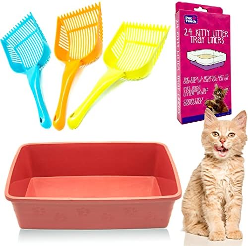Kitty Cat Essentials [Set of 3] CAT LITTER TRAY with 24 Kitty Cat Litter TRAYS LINERS and CAT LITTER SCOOP Assorted Bundle for Cat Litter Disposal (Brick Red)