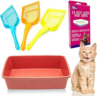 Kitty Cat Essentials [Set of 3] CAT LITTER TRAY with 24 Kitty Cat Litter TRAYS LINERS and CAT LITTER SCOOP Assorted Bundle for Cat Litter Disposal (Brick Red)