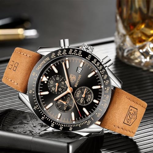 BY BENYAR Mens Watches Analog Quartz Chronograph Waterproof Men's Wrist Watches Business Casual Fashion Classic Designer Elegant Dress Watch with Calendar Leather/Stainless Steel Strap Gifts for Men - Image 5