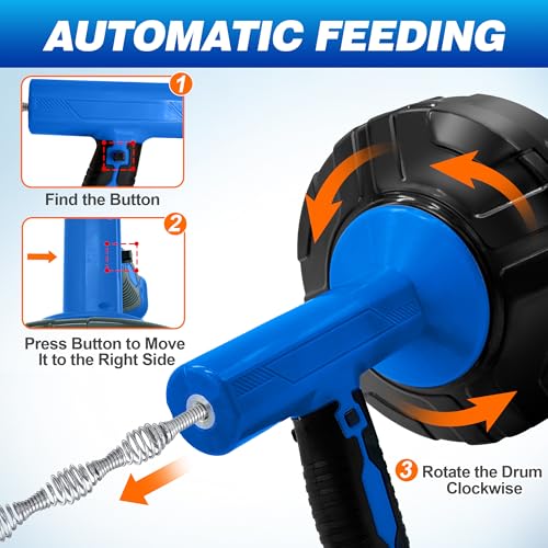 Image of Drain Auger 33Ft, Auto-Feed Drain Snake Hair Drain Clog Remover, Blue