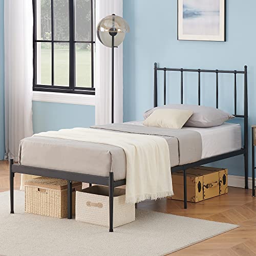Amyove Twin Size Platform Bed With Metal Headboard, Bed Frame Mattress Foundation With Slat Support And 12.3" Storage Height No Box Spring Needed (Black + Metal, Twin) #TOP6