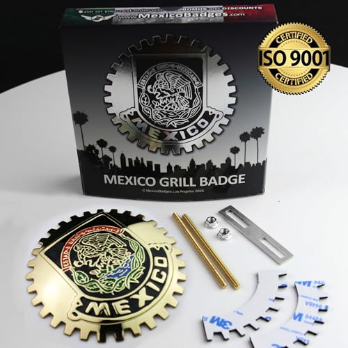 Image of Premium Gold ISO 9001 Mexico Flag Golden Grill Badge Golden Mexican Emblem for Trucks and Cars
