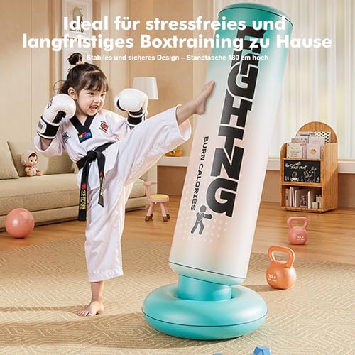 Boxsack Stehend 180cm mit PU Boxhandschuhen – Standboxsack für Teenager & Erwachsene, Punching Bag für Boxtraining Zuhause, Kickboxen, MMA, Karate & Sandsack Training, Stabil & Geräuscharm