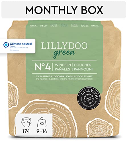 Pañales LILLYDOO green con un impacto ambiental reducido, talla 4 (9-14 kg), 174 pañales, PACK AHORRO