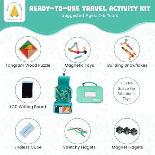Image of Travel Essentials for Kids - All-in-One Hanging Bag with Kid Toys, Road Trip Activities for Kids, Sensory Toys & Travel Games for Airplane Trips, Car Rides, Gifts for Boys & Girls 4+ Years (Seafoam)