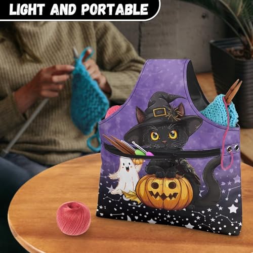 Image of KUIFORTI Cat Yarn Bag, Pumpkin Knitting Crochet Bag, Ghost Yarn Storage Bag Organizer, Halloween Gifts for Women Wrist Bag, Yarn Tote Bags for Crocheting, Holding Yarn, Knitting Needles, Large Size
